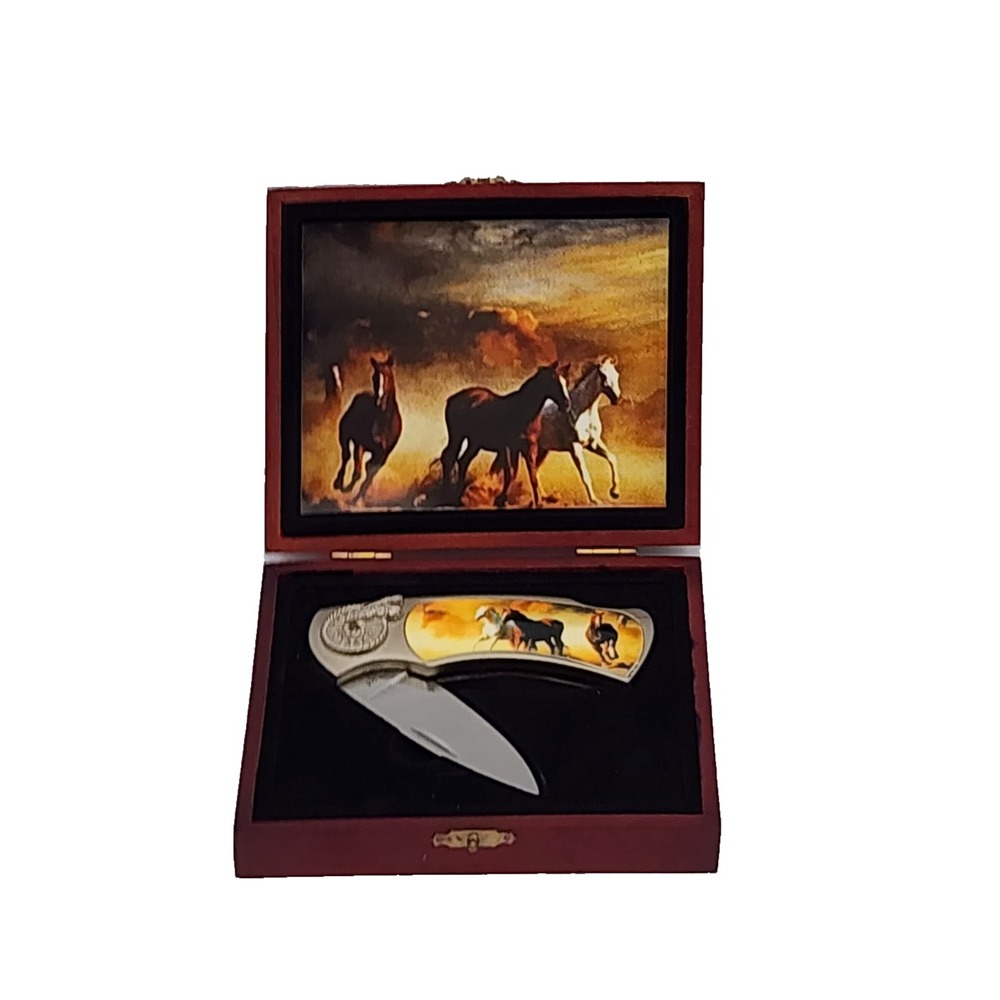 Vintage Collectible Lockback Pocketknife Running Wild Horses Hinged Wooden Box